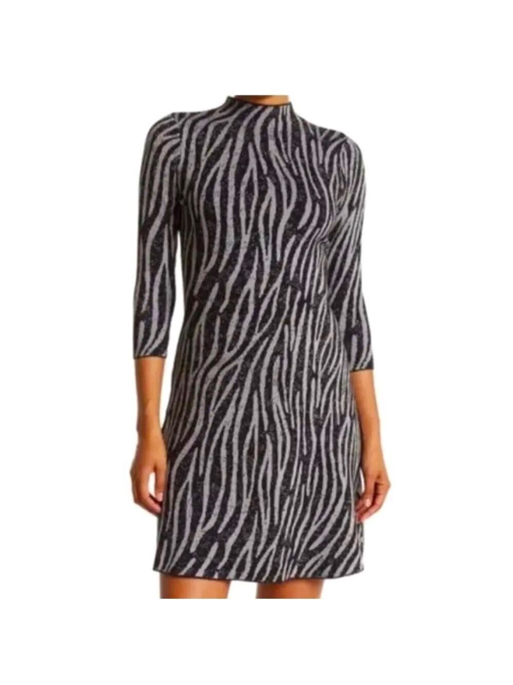 Nanette Lepore Zebra Print Mock Neck 3/4 Sleeve Knit Sweater Dress, size XL